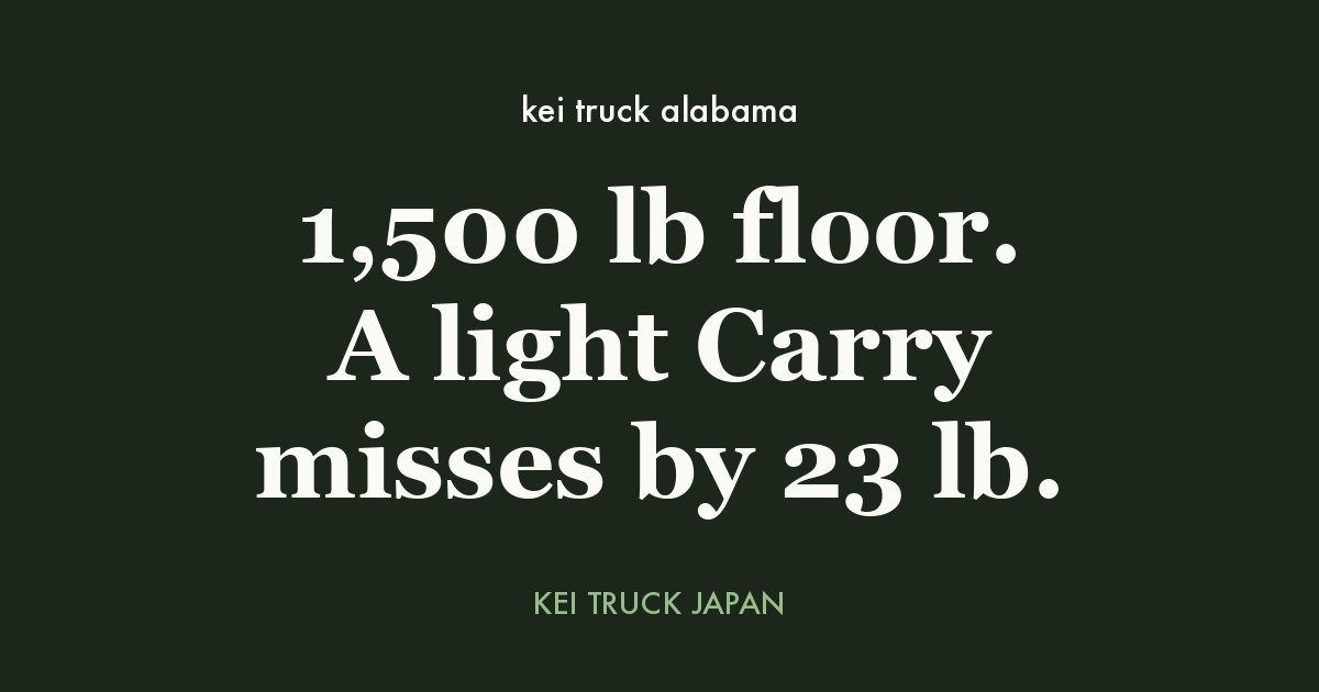 Kei Truck Alabama - 1,500 lb floor. A light Carry misses by 23 lb.. Kei Truck Japan measured data card